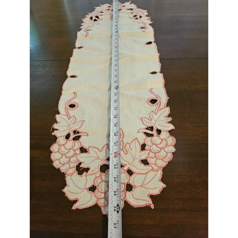 Table Runner 36in Cream Pink Grape Vine Embroidered Cutwork